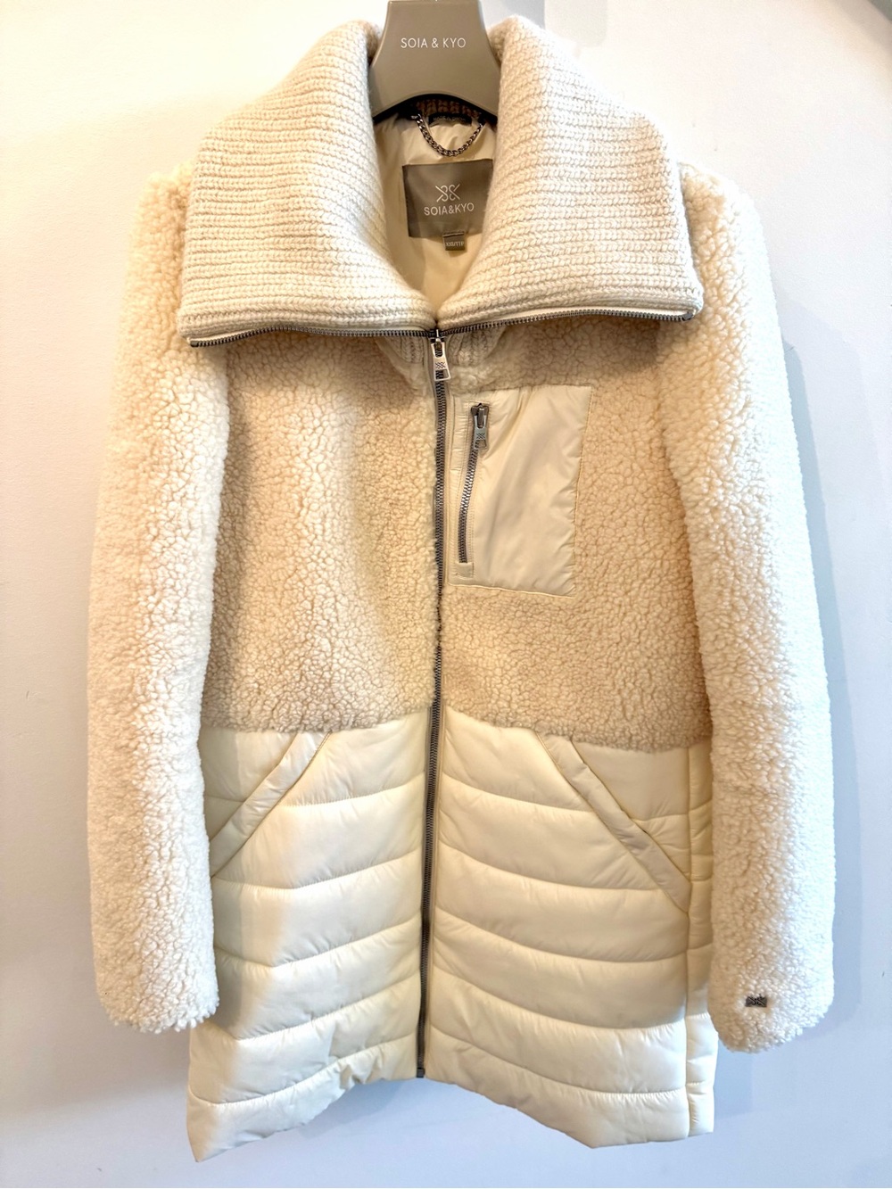 Soia & Kyo Cream Sherpa and Quilted Zip Coat